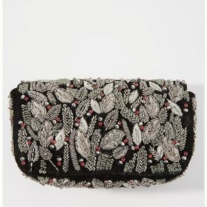 Anthropologie Fall Foliage Beaded Black Velvet Clutch Or Crossbody Bag